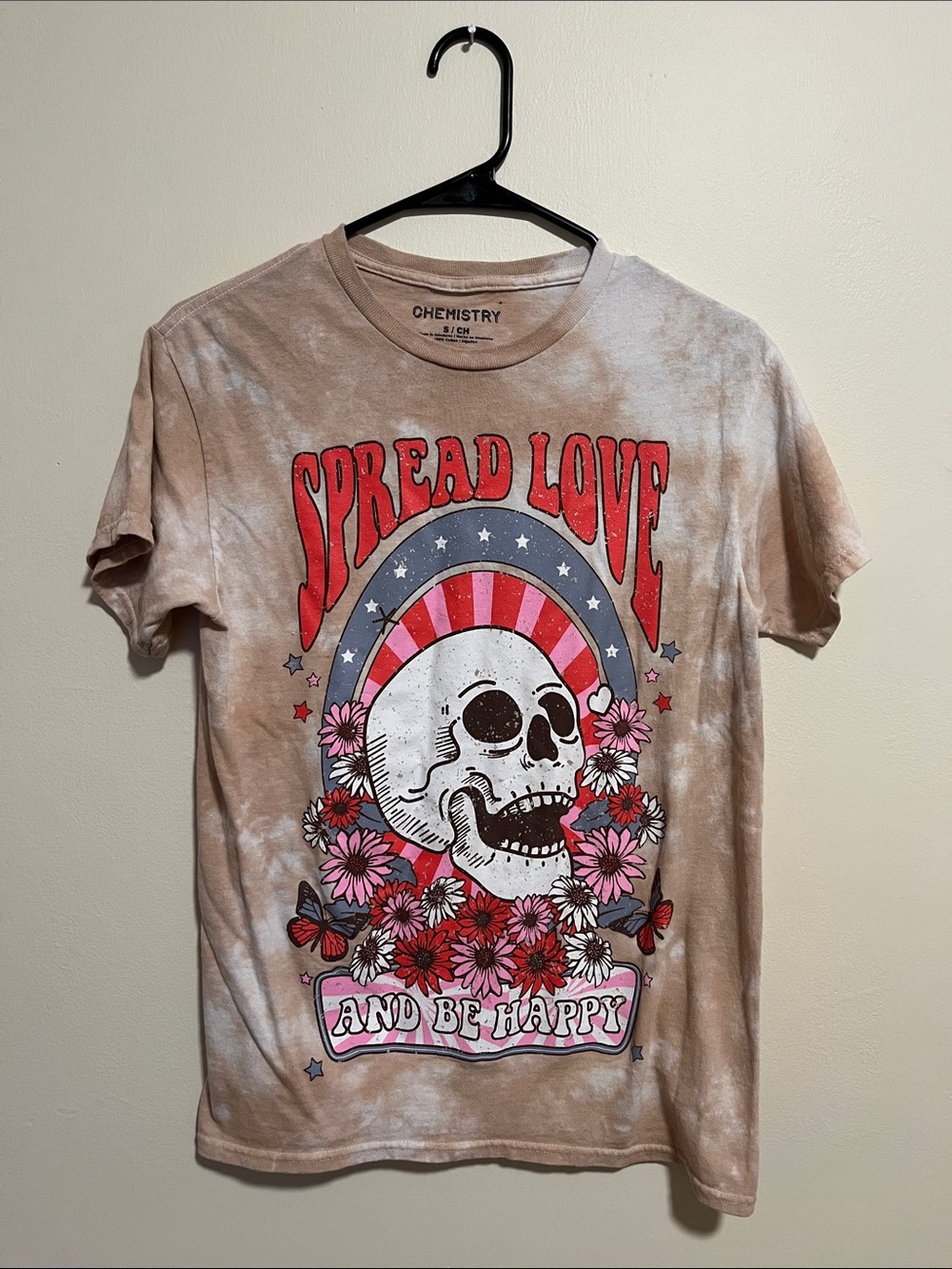Chemistry Beige Tie-Dye Tee with Pink & Red Skull Graphic